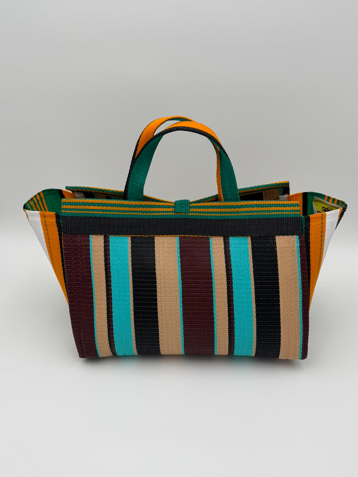 Woodland Large handwoven tote bag by SCRUBIES in Beige,White,Blue,Wine,Black with Stripes design and Leaf accent pattern