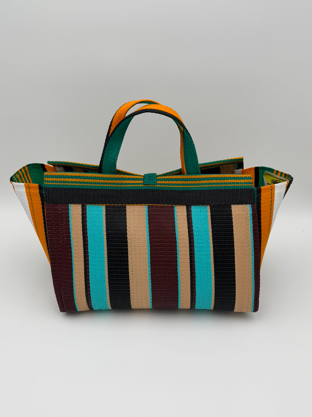 Woodland Large handwoven tote bag by SCRUBIES in Beige,White,Blue,Wine,Black with Stripes design and Leaf accent pattern