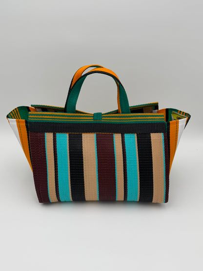 Woodland Large handwoven tote bag by SCRUBIES in Beige,White,Blue,Wine,Black with Stripes design and Leaf accent pattern