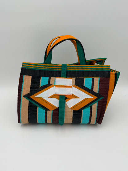 Woodland Large handwoven tote bag by SCRUBIES in Beige,White,Blue,Wine,Black with Stripes design and Leaf accent pattern
