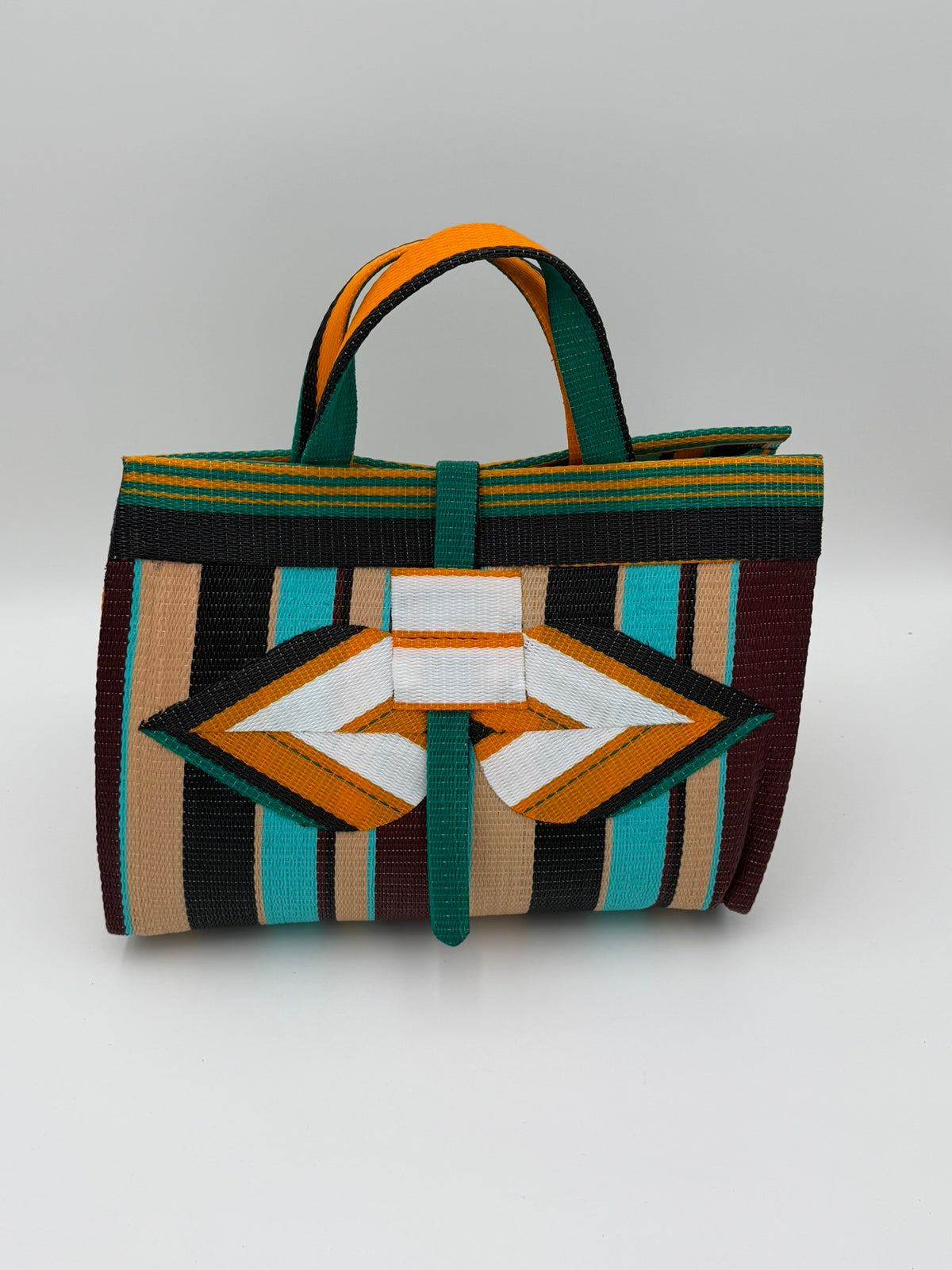 Woodland Large handwoven tote bag by SCRUBIES in Beige,White,Blue,Wine,Black with Stripes design and Leaf accent pattern