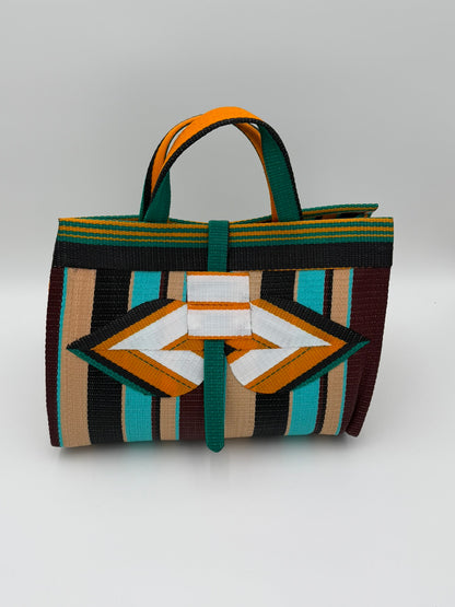 Woodland Large handwoven tote bag by SCRUBIES in Beige,White,Blue,Wine,Black with Stripes design and Leaf accent pattern