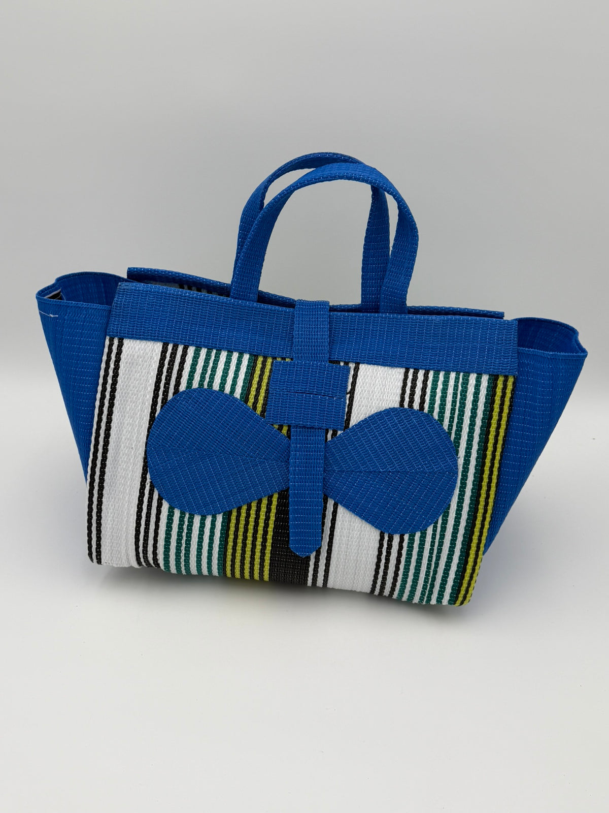 Pearl Large handwoven tote bag by SCRUBIES in Blue,White,Yellow with Stripes design and Bow accent pattern