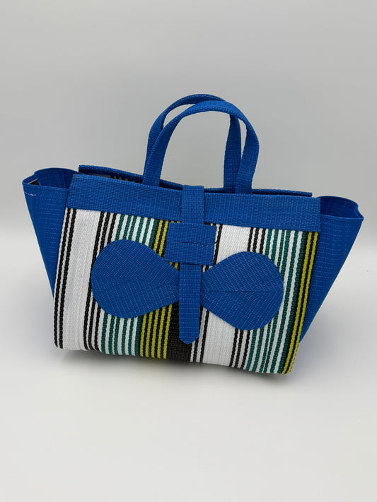 Pearl Large handwoven tote bag by SCRUBIES in Blue,White,Yellow with Stripes design and Bow accent pattern