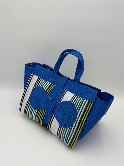 Pearl Large handwoven tote bag by SCRUBIES in Blue,White,Yellow with Stripes design and Bow accent pattern