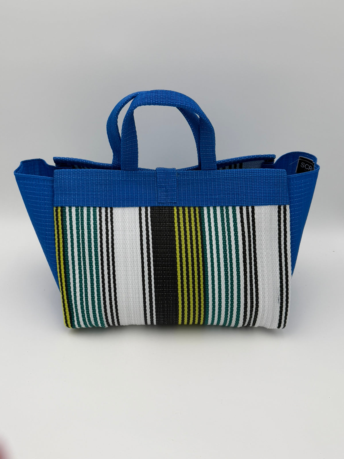 Pearl Large handwoven tote bag by SCRUBIES in Blue,White,Yellow with Stripes design and Bow accent pattern