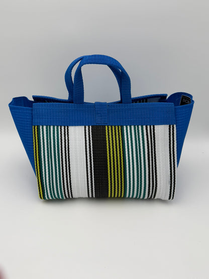 Pearl Large handwoven tote bag by SCRUBIES in Blue,White,Yellow with Stripes design and Bow accent pattern