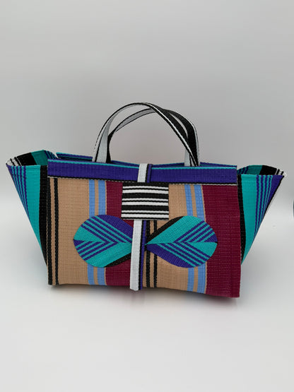 Winery Large handwoven tote bag by SCRUBIES in Beige,Purple,Teal,Wine with Stripes design and Bow accent pattern