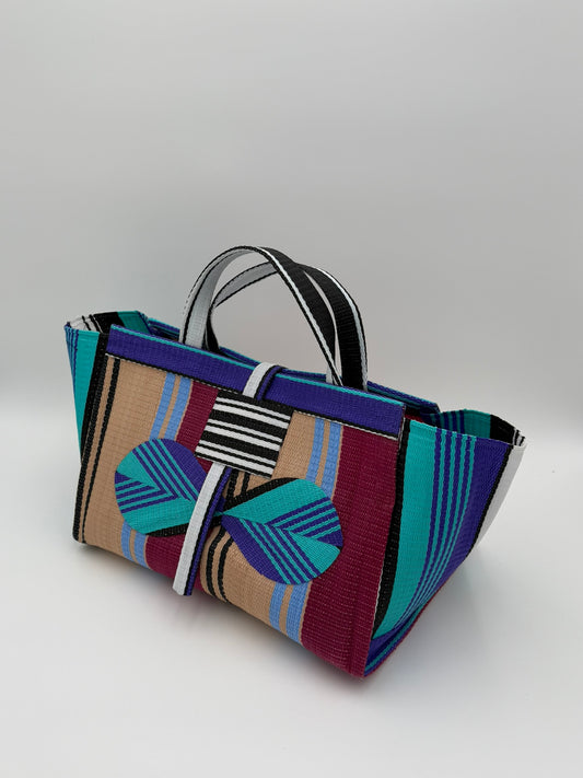 Winery Large handwoven tote bag by SCRUBIES in Beige,Purple,Teal,Wine with Stripes design and Bow accent pattern