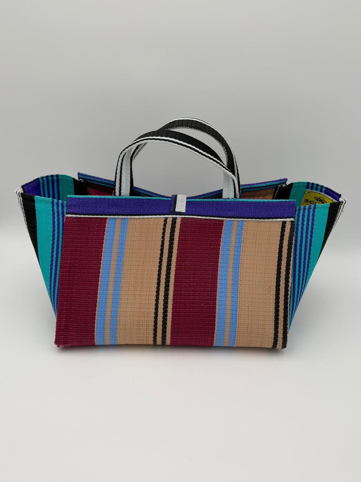 Winery Large handwoven tote bag by SCRUBIES in Beige,Purple,Teal,Wine with Stripes design and Bow accent pattern