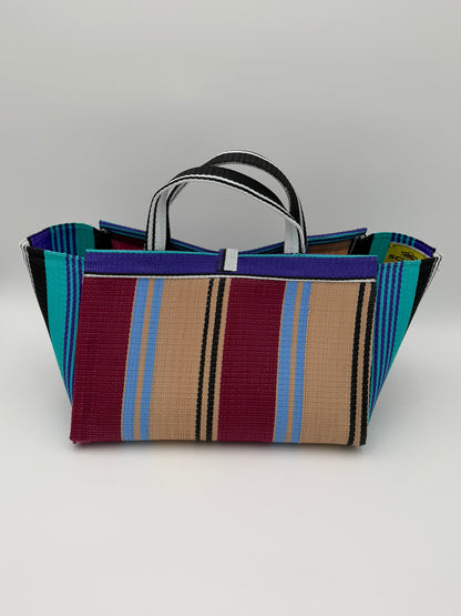 Winery Large handwoven tote bag by SCRUBIES in Beige,Purple,Teal,Wine with Stripes design and Bow accent pattern