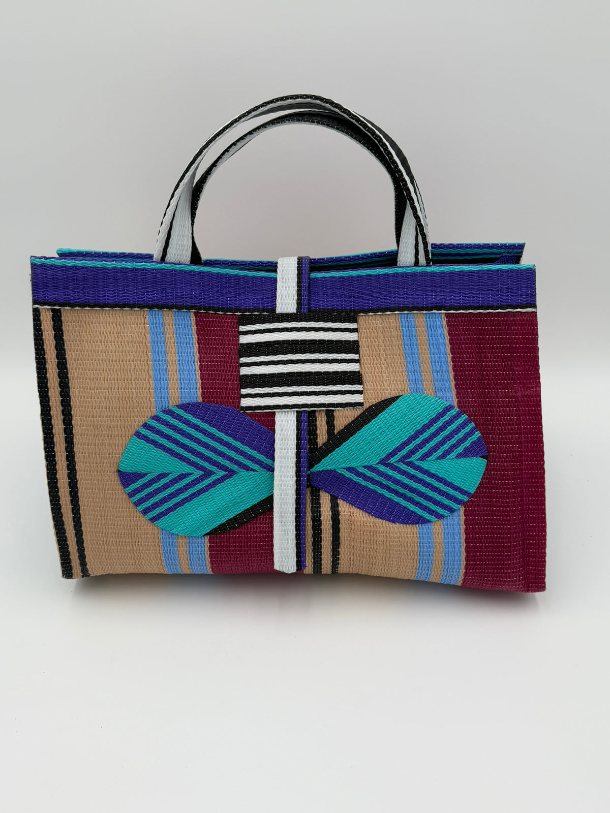 Winery Large handwoven tote bag by SCRUBIES in Beige,Purple,Teal,Wine with Stripes design and Bow accent pattern