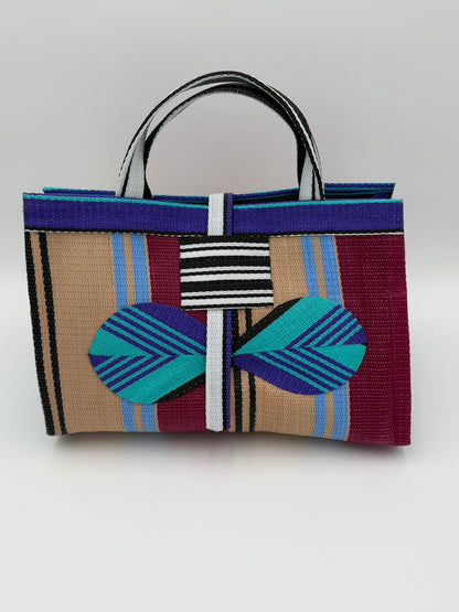 Winery Large handwoven tote bag by SCRUBIES in Beige,Purple,Teal,Wine with Stripes design and Bow accent pattern