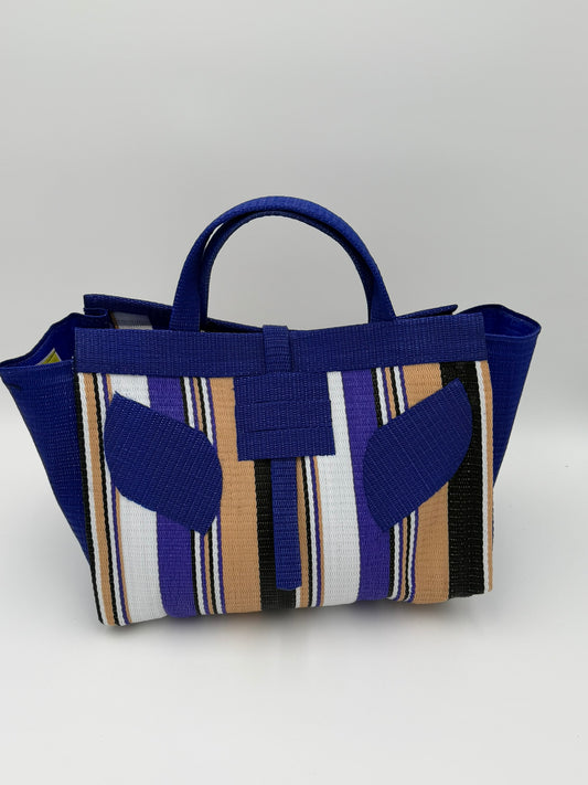 Beige Large handwoven tote bag by SCRUBIES in Beige,Blue,White,Purple with Stripes design and Leaf accent pattern