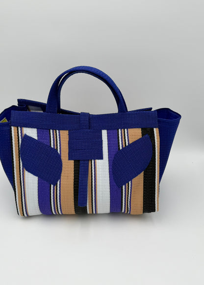 Beige Large handwoven tote bag by SCRUBIES in Beige,Blue,White,Purple with Stripes design and Leaf accent pattern