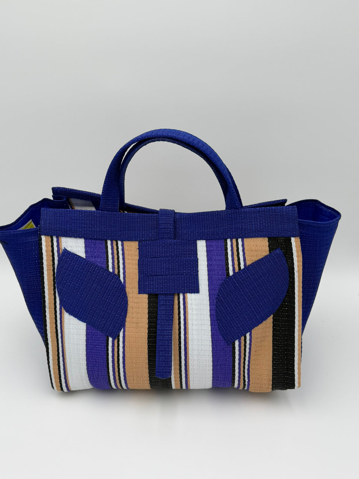 Beige Large handwoven tote bag by SCRUBIES in Beige,Blue,White,Purple with Stripes design and Leaf accent pattern