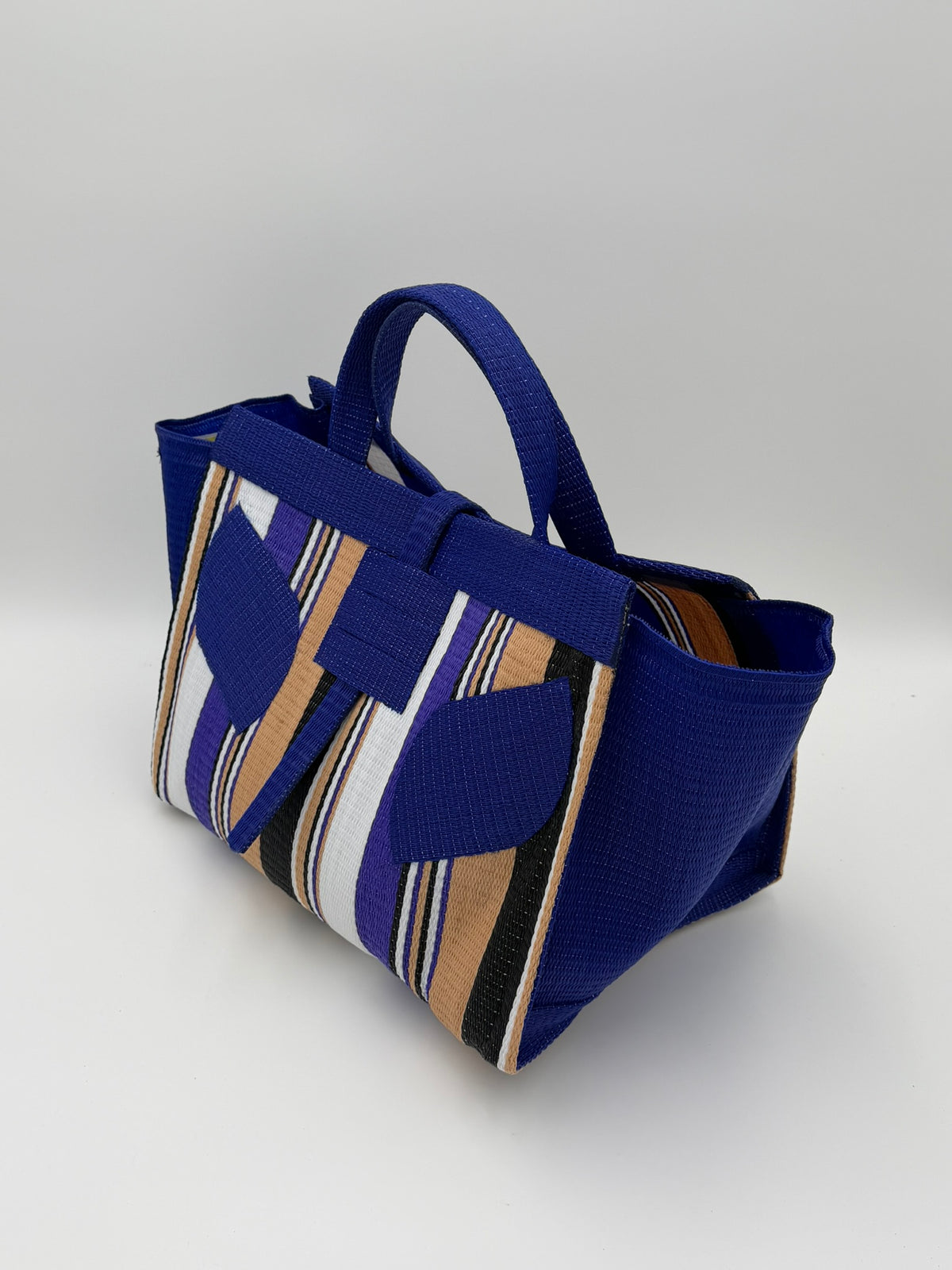 Beige Large handwoven tote bag by SCRUBIES in Beige,Blue,White,Purple with Stripes design and Leaf accent pattern