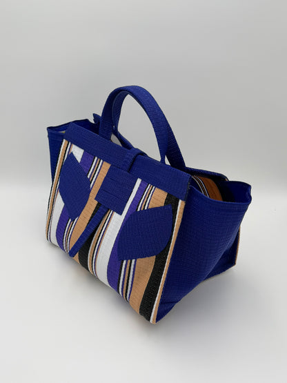 Beige Large handwoven tote bag by SCRUBIES in Beige,Blue,White,Purple with Stripes design and Leaf accent pattern