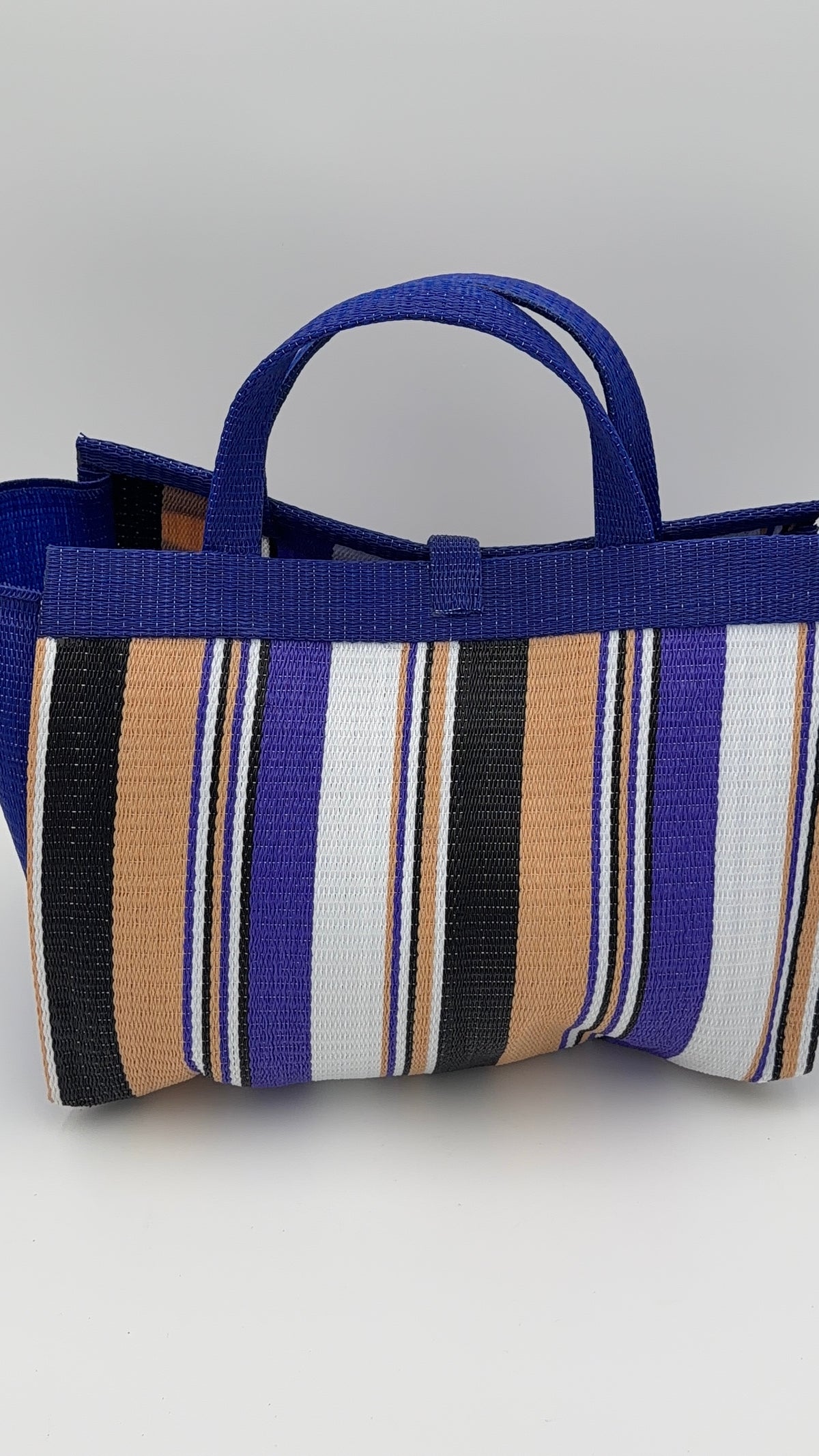 Beige Large handwoven tote bag by SCRUBIES in Beige,Blue,White,Purple with Stripes design and Leaf accent pattern