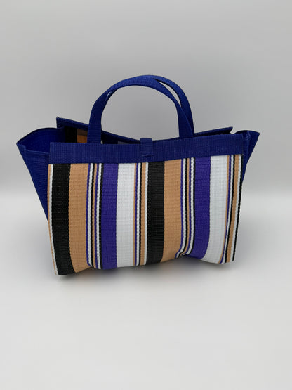 Beige Large handwoven tote bag by SCRUBIES in Beige,Blue,White,Purple with Stripes design and Leaf accent pattern