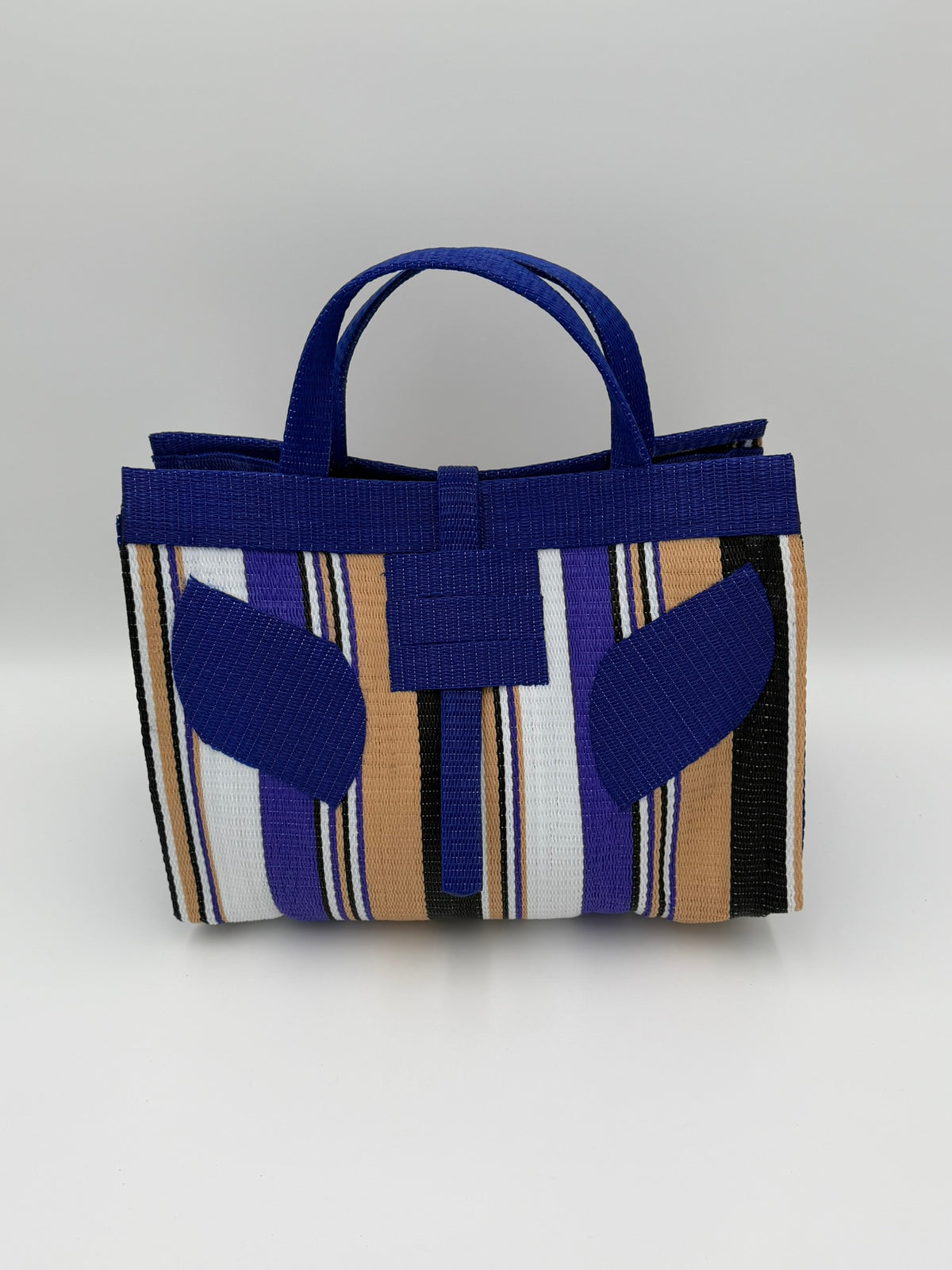 Beige Large handwoven tote bag by SCRUBIES in Beige,Blue,White,Purple with Stripes design and Leaf accent pattern