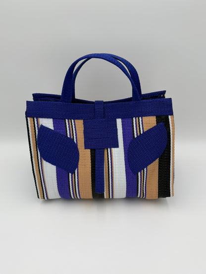 Beige Large handwoven tote bag by SCRUBIES in Beige,Blue,White,Purple with Stripes design and Leaf accent pattern