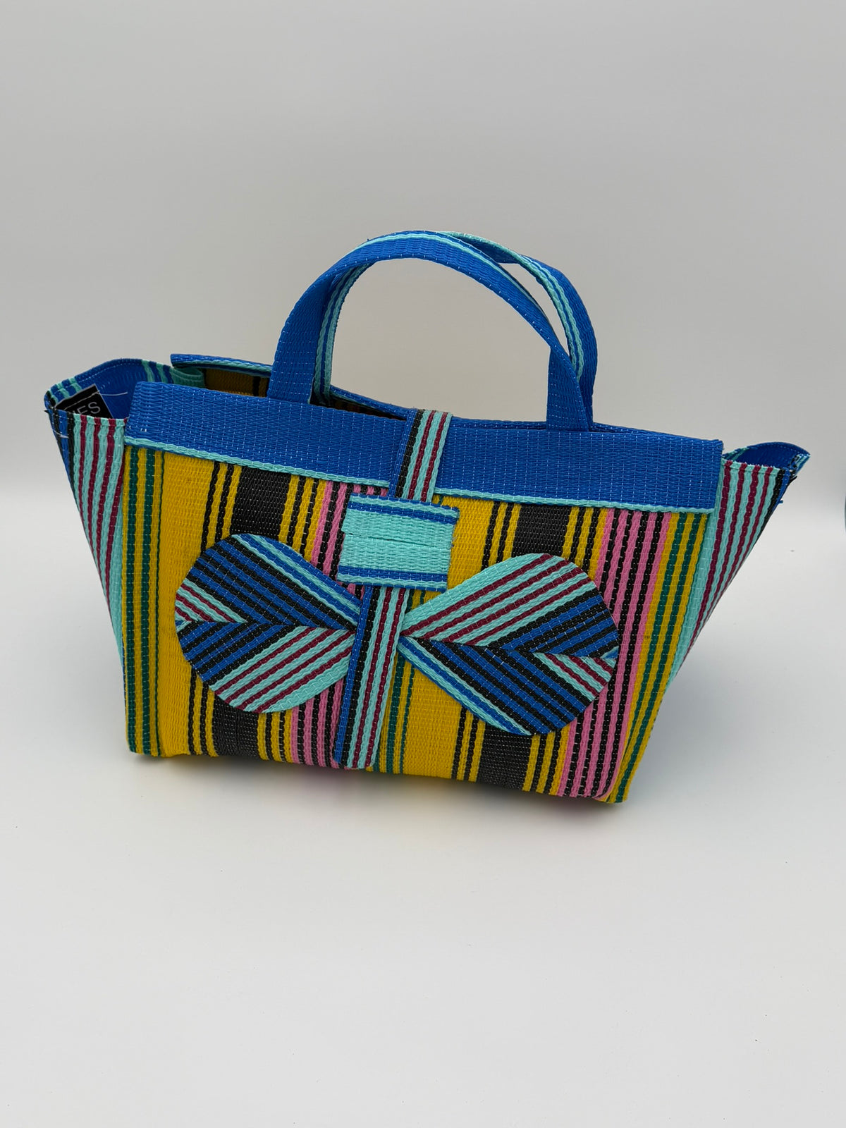 Citrus Large handwoven tote bag by SCRUBIES in Yellos,Teal,Pink,Blue with Stripes design and Bow accent pattern