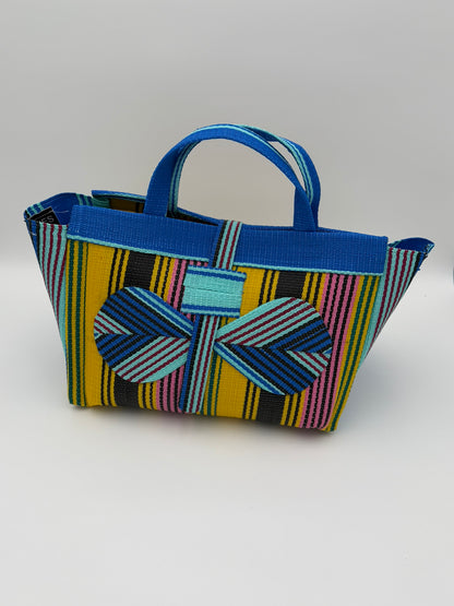 Citrus Large handwoven tote bag by SCRUBIES in Yellos,Teal,Pink,Blue with Stripes design and Bow accent pattern