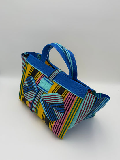Citrus Large handwoven tote bag by SCRUBIES in Yellos,Teal,Pink,Blue with Stripes design and Bow accent pattern