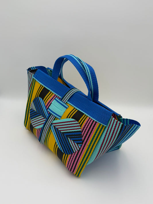 Citrus Large handwoven tote bag by SCRUBIES in Yellos,Teal,Pink,Blue with Stripes design and Bow accent pattern