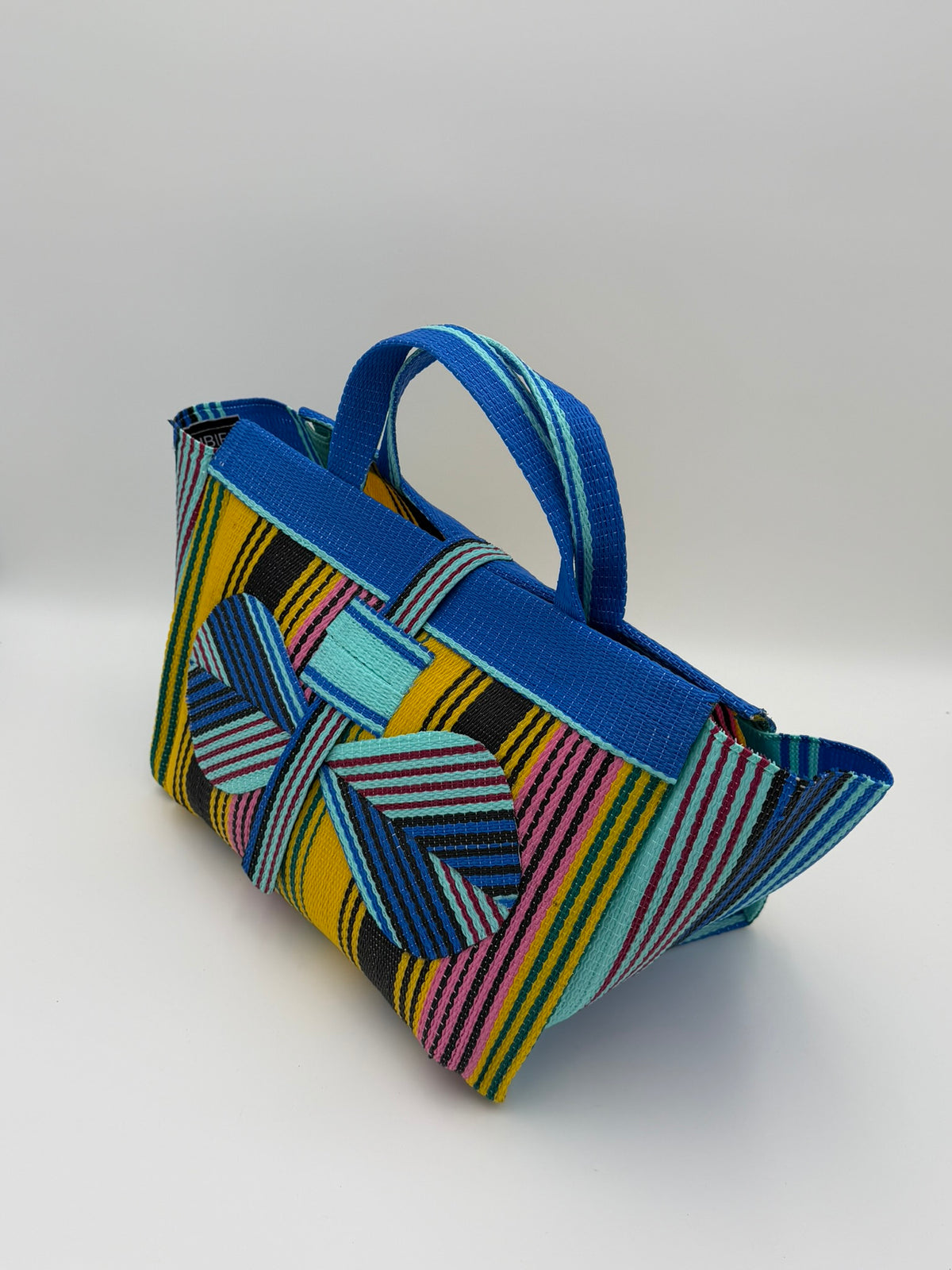 Citrus Large handwoven tote bag by SCRUBIES in Yellos,Teal,Pink,Blue with Stripes design and Bow accent pattern