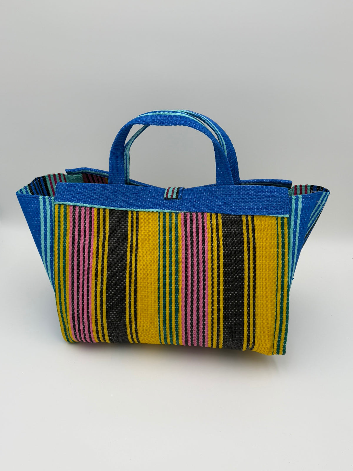 Citrus Large handwoven tote bag by SCRUBIES in Yellos,Teal,Pink,Blue with Stripes design and Bow accent pattern