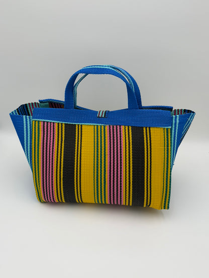 Citrus Large handwoven tote bag by SCRUBIES in Yellos,Teal,Pink,Blue with Stripes design and Bow accent pattern