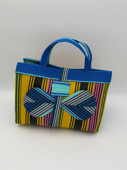 Citrus Large handwoven tote bag by SCRUBIES in Yellos,Teal,Pink,Blue with Stripes design and Bow accent pattern
