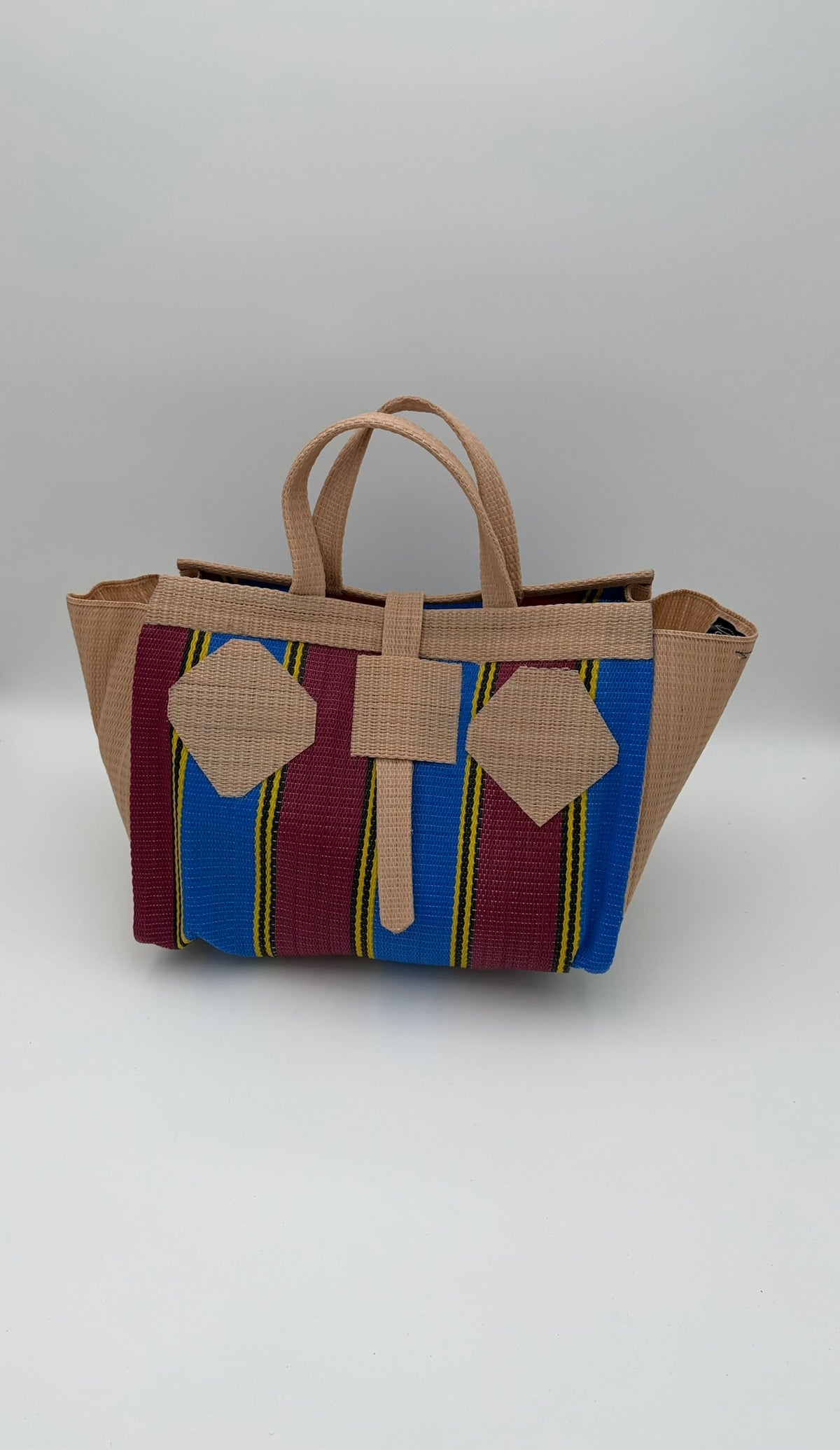 Winery Large handwoven tote bag by SCRUBIES in Wine,Blue,Beige with Stripes design and Abstract accent pattern