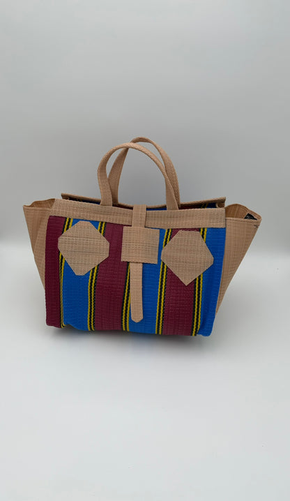 Winery Large handwoven tote bag by SCRUBIES in Wine,Blue,Beige with Stripes design and Abstract accent pattern