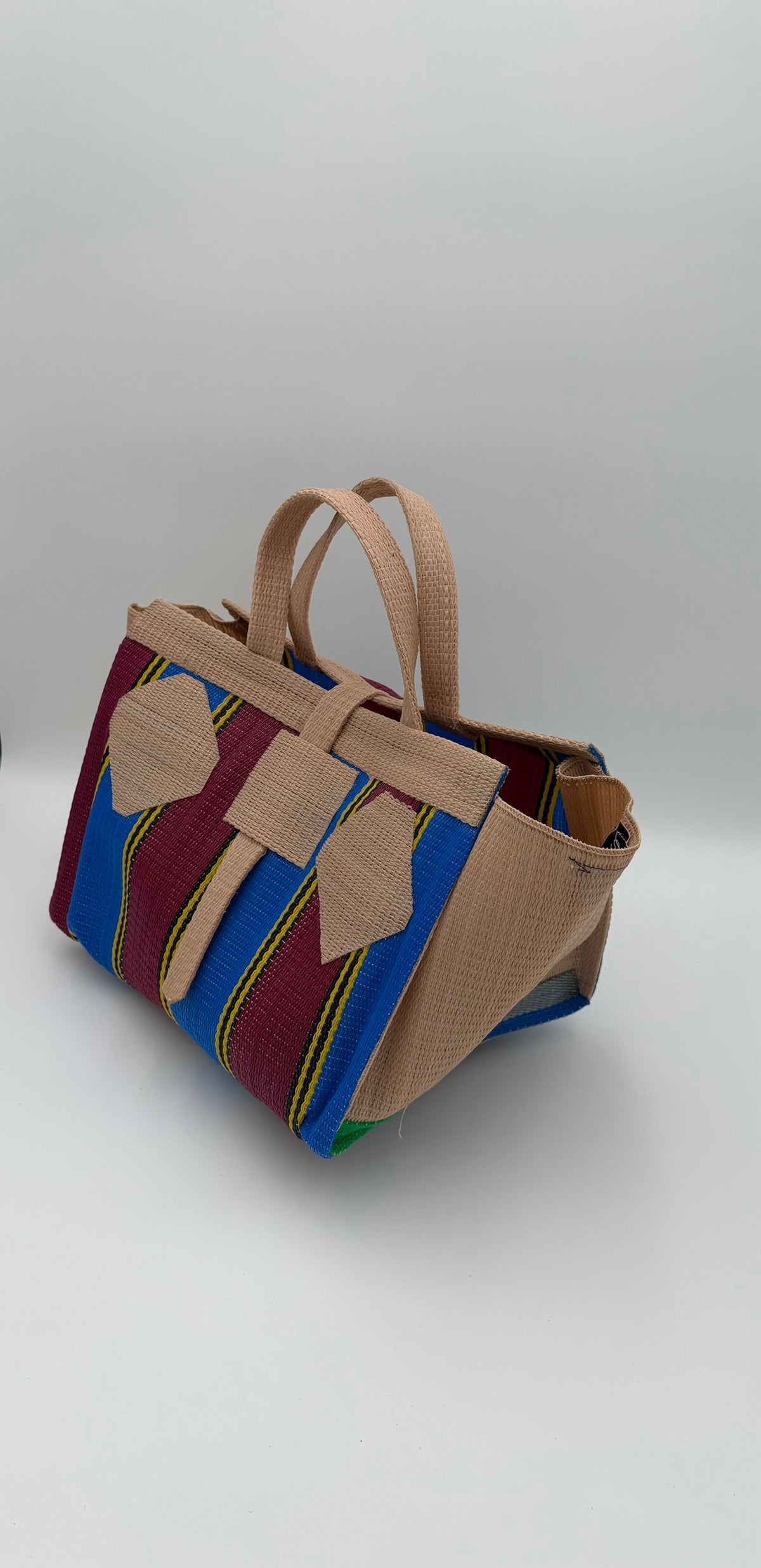 Winery Large handwoven tote bag by SCRUBIES in Wine,Blue,Beige with Stripes design and Abstract accent pattern
