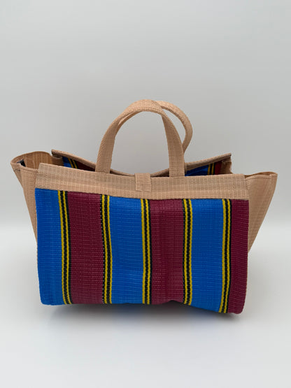 Winery Large handwoven tote bag by SCRUBIES in Wine,Blue,Beige with Stripes design and Abstract accent pattern