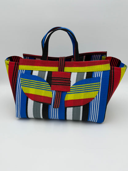 Regal Large handwoven tote bag by SCRUBIES in Red,Yellow,Blue,White,Black with Stripes design and Leaf accent pattern