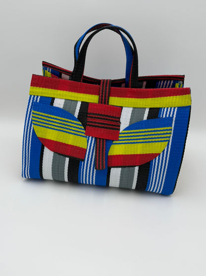 Regal Large handwoven tote bag by SCRUBIES in Red,Yellow,Blue,White,Black with Stripes design and Leaf accent pattern