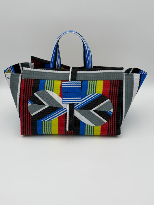 Regal Large handwoven tote bag by SCRUBIES in Red,Yellow,Blue,White,Black with Stripes design and Bow accent pattern