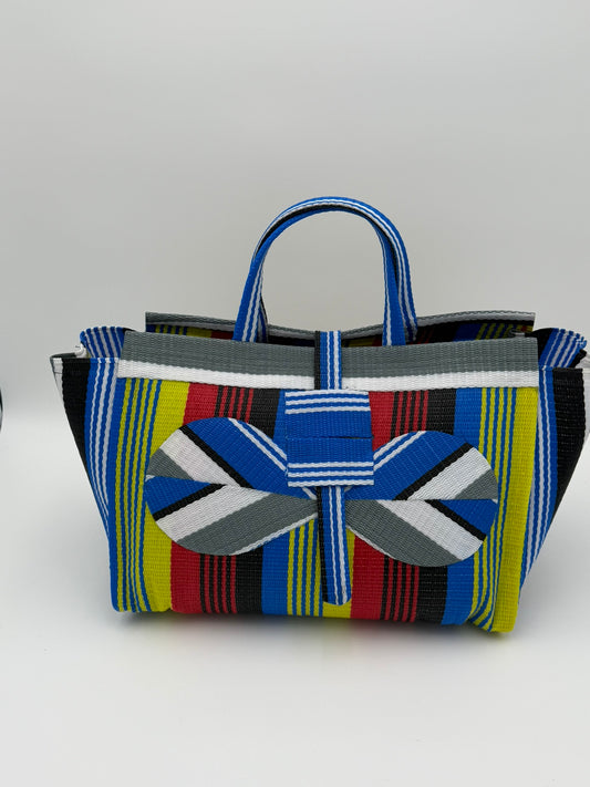 Regal Large handwoven tote bag by SCRUBIES in Red,Yellow,Blue,White,Black with Stripes design and Bow accent pattern