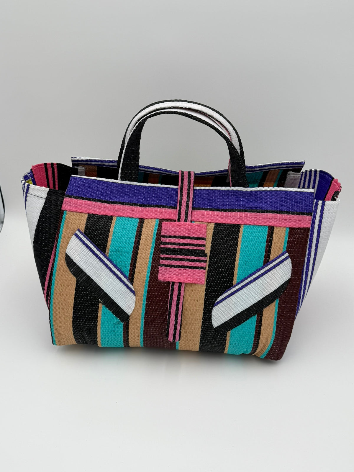 Boho Large handwoven tote bag by SCRUBIES in Teal,Beige,Pink,Purple with Stripes design and Leaf accent pattern