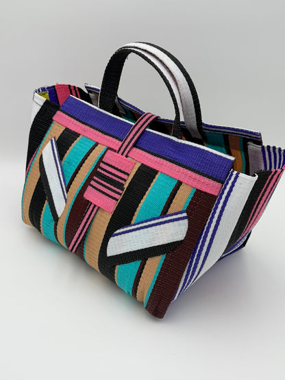 Boho Large handwoven tote bag by SCRUBIES in Teal,Beige,Pink,Purple with Stripes design and Leaf accent pattern