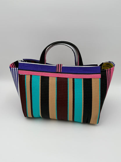 Boho Large handwoven tote bag by SCRUBIES in Teal,Beige,Pink,Purple with Stripes design and Leaf accent pattern