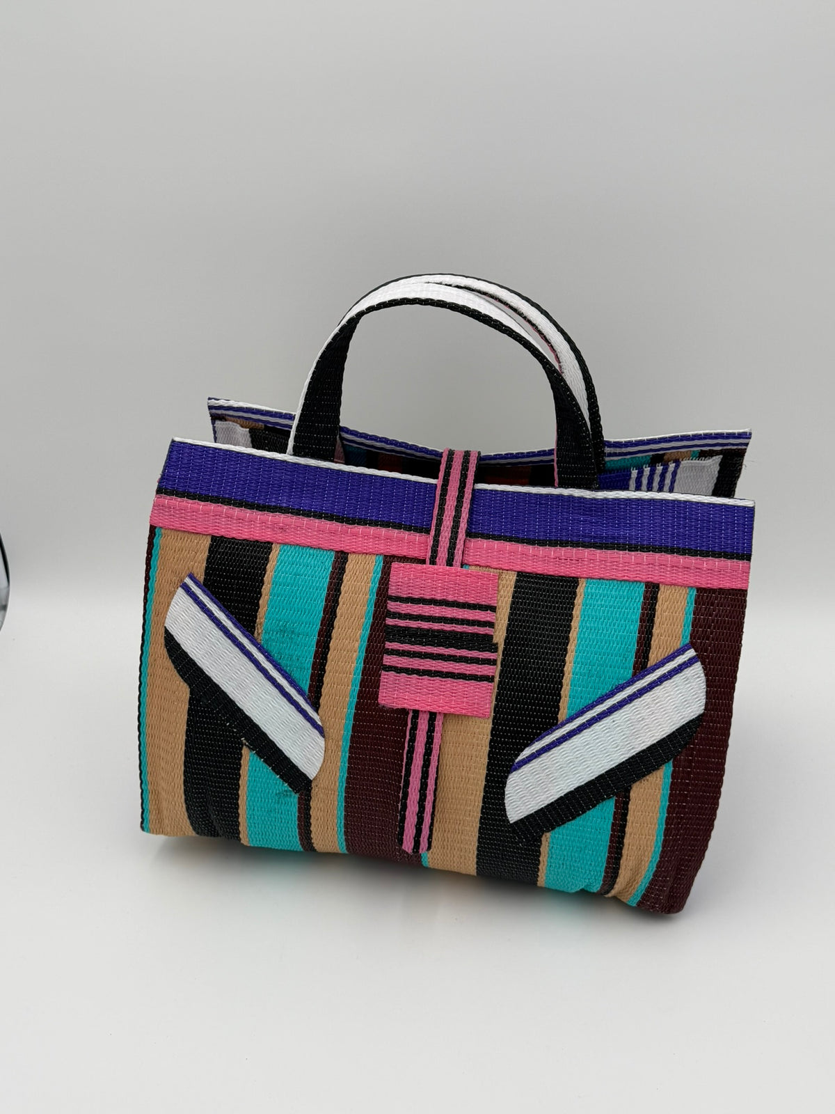 Boho Large handwoven tote bag by SCRUBIES in Teal,Beige,Pink,Purple with Stripes design and Leaf accent pattern