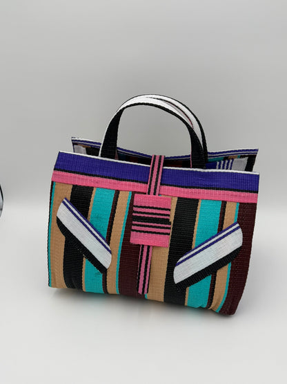 Boho Large handwoven tote bag by SCRUBIES in Teal,Beige,Pink,Purple with Stripes design and Leaf accent pattern