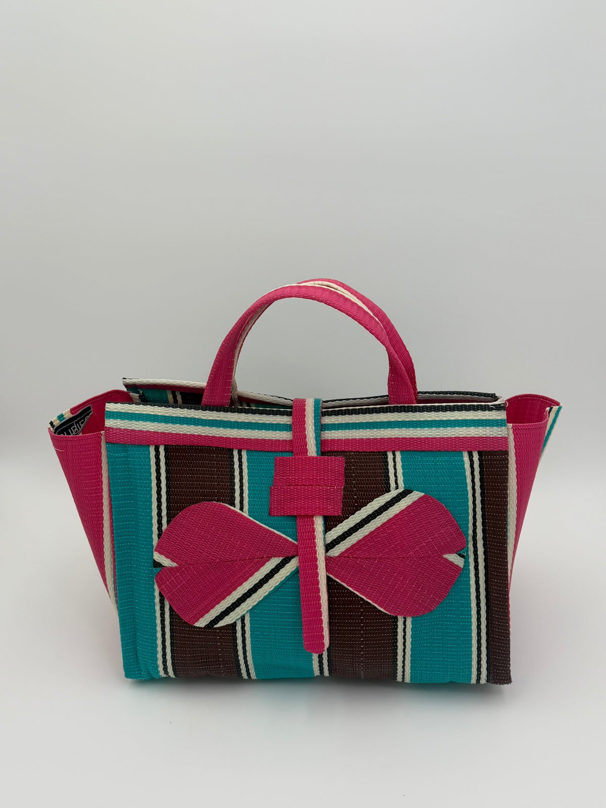 Boho Large handwoven tote bag by SCRUBIES in Teal,Beige,Pink,Purple with Stripes design and Leaf accent pattern
