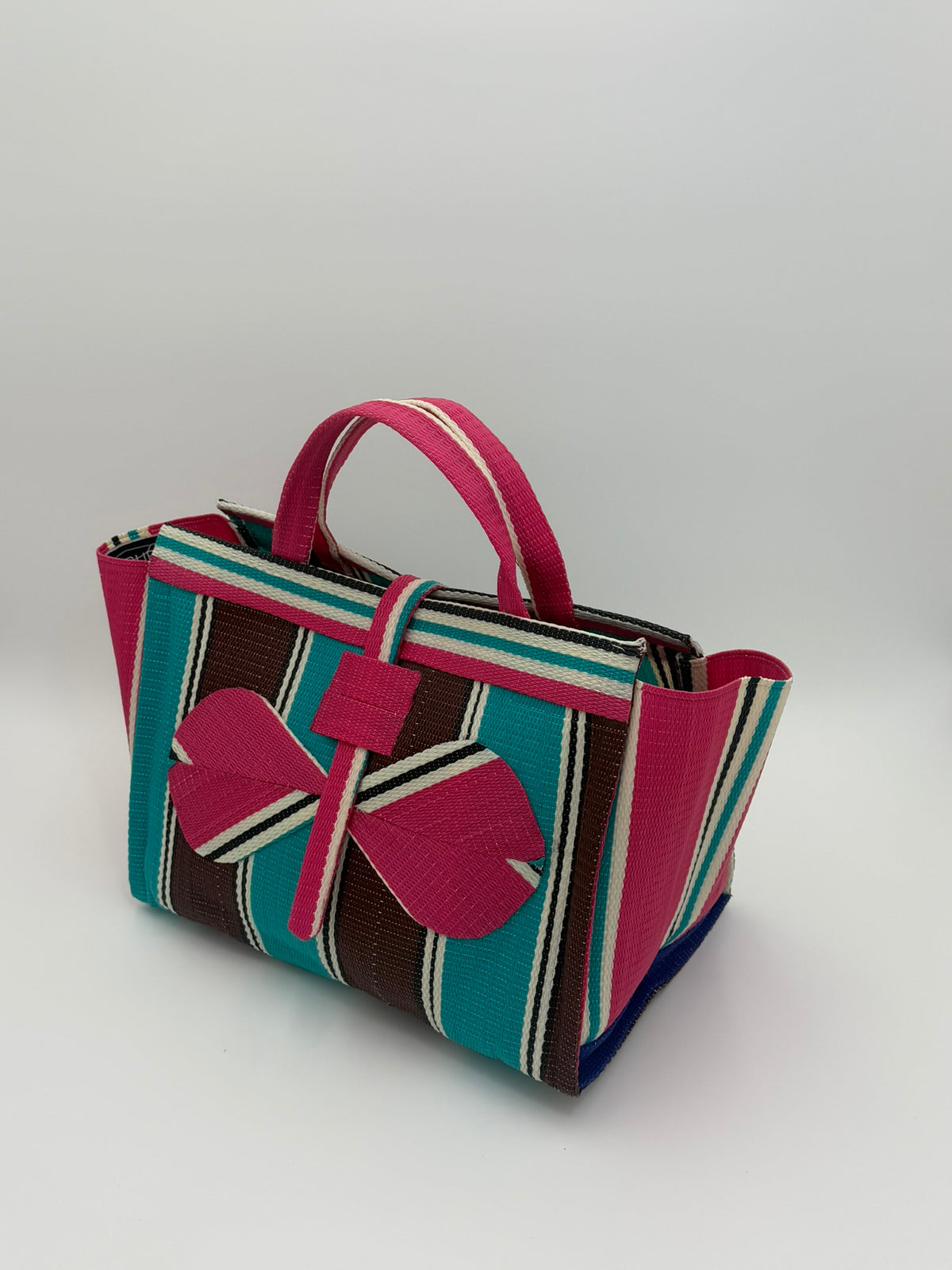 Boho Large handwoven tote bag by SCRUBIES in Teal,Beige,Pink,Purple with Stripes design and Leaf accent pattern