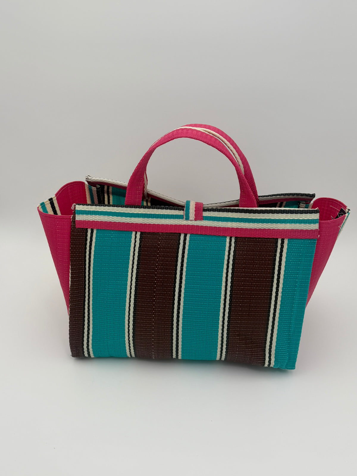 Boho Large handwoven tote bag by SCRUBIES in Teal,Beige,Pink,Purple with Stripes design and Leaf accent pattern